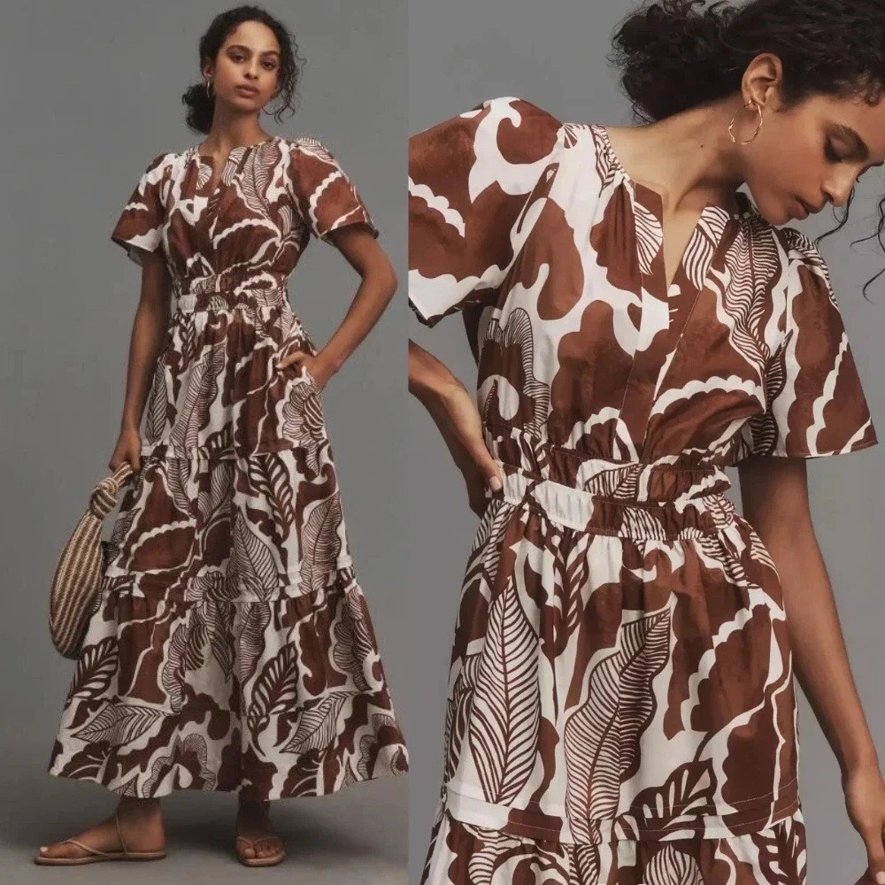 Anthropologie Somerset Maxi Dress Cedar Brown Floral Print XL